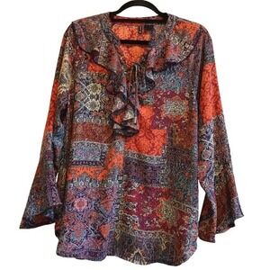 New Directions L Orange Print Blouse Ruffle Neck Bell Sleeve Boho Bohemian‎ Top